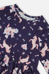 Long Sleeve Dress Navy Unicorn Print