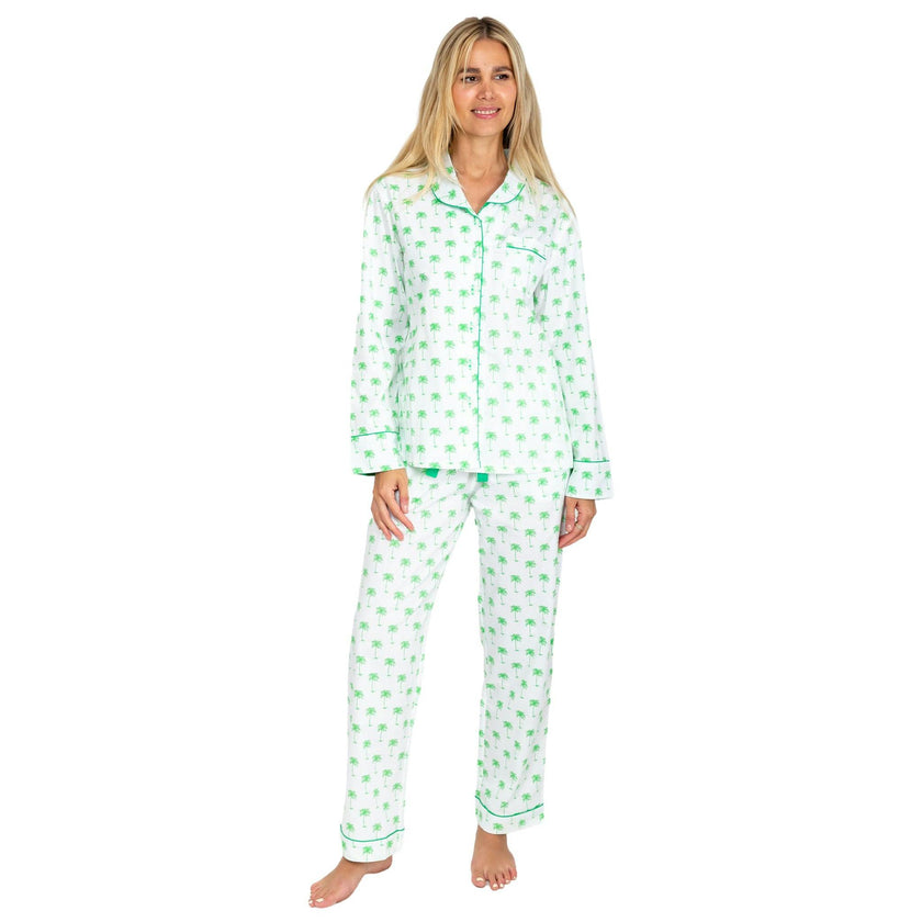 Women's Green Palm Tree Long PJ Set - Organic Cotton Poplin