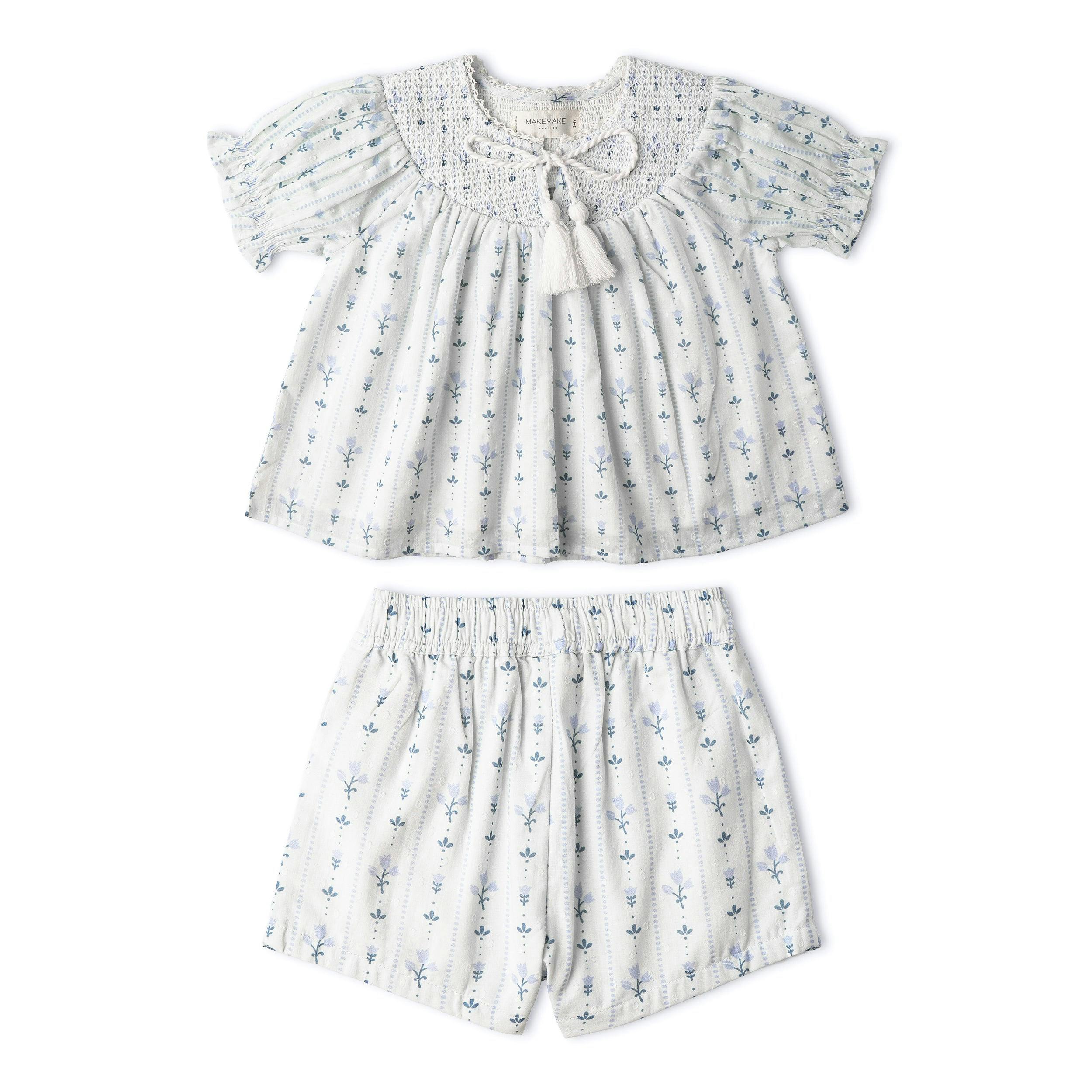 Organic Smocked Top & Shorts Set - Blue Vines