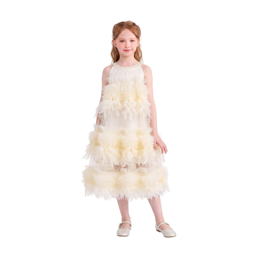 Cream Delara Feathered Tiered Dress
