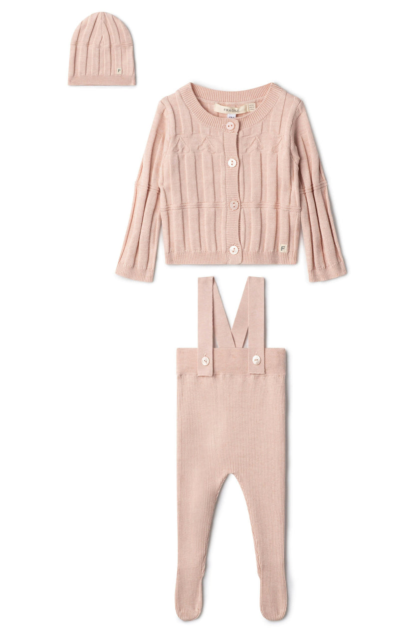 High Waist Knit Overalls, Cardigan, and Hat Three Piece Set