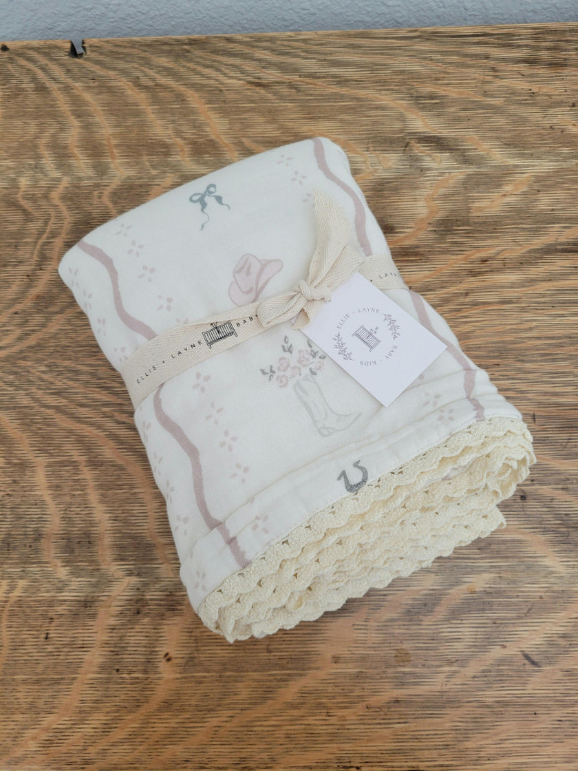 Vintage Country-Cowgirl QUILTED 6 Layer Gauze Blanket