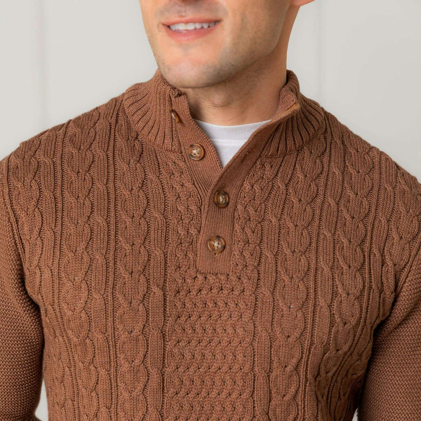 Men's Organic Mock Neck Cable Sweater, Brown