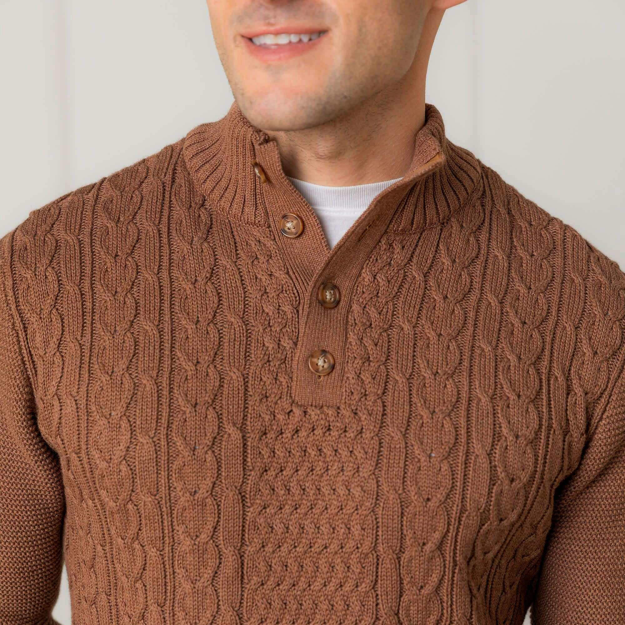 Men's Organic Mock Neck Cable Sweater, Brown