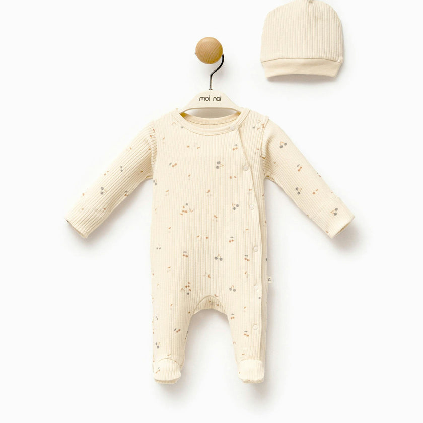 Cream Leaf Print Babygrow & Hat
