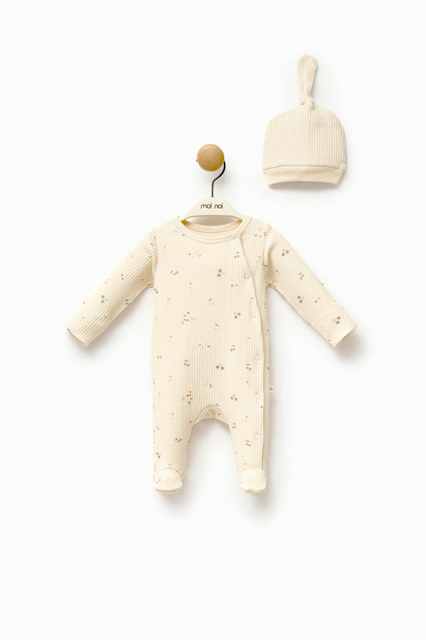 Cream Leaf Print Babygrow & Hat