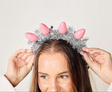 Packed Party Tinsel Topper Christmas Light Novelty Headband - Silver Tinsel with Pink Christmas Lights and Silver Glitter Stars for Holiday Parties, One Size