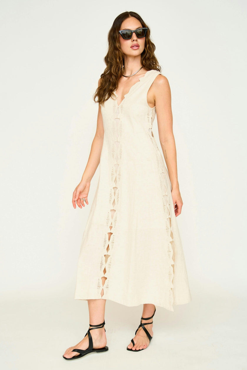 Barcelona Dress in Oat Marine Eyelet