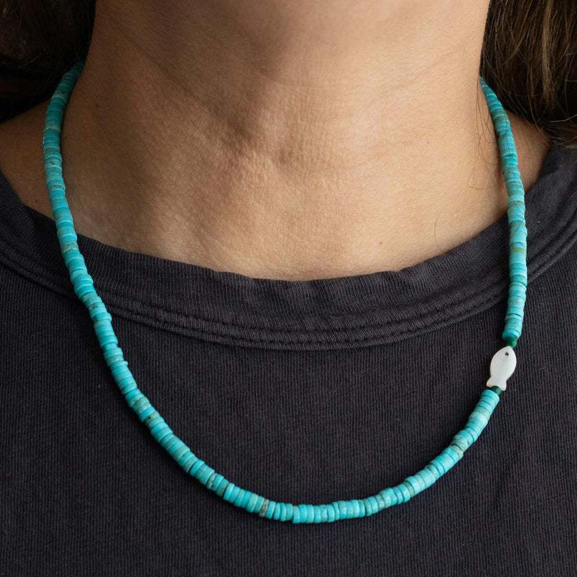 Turquoise & Mother Of Pearl Fish Necklace