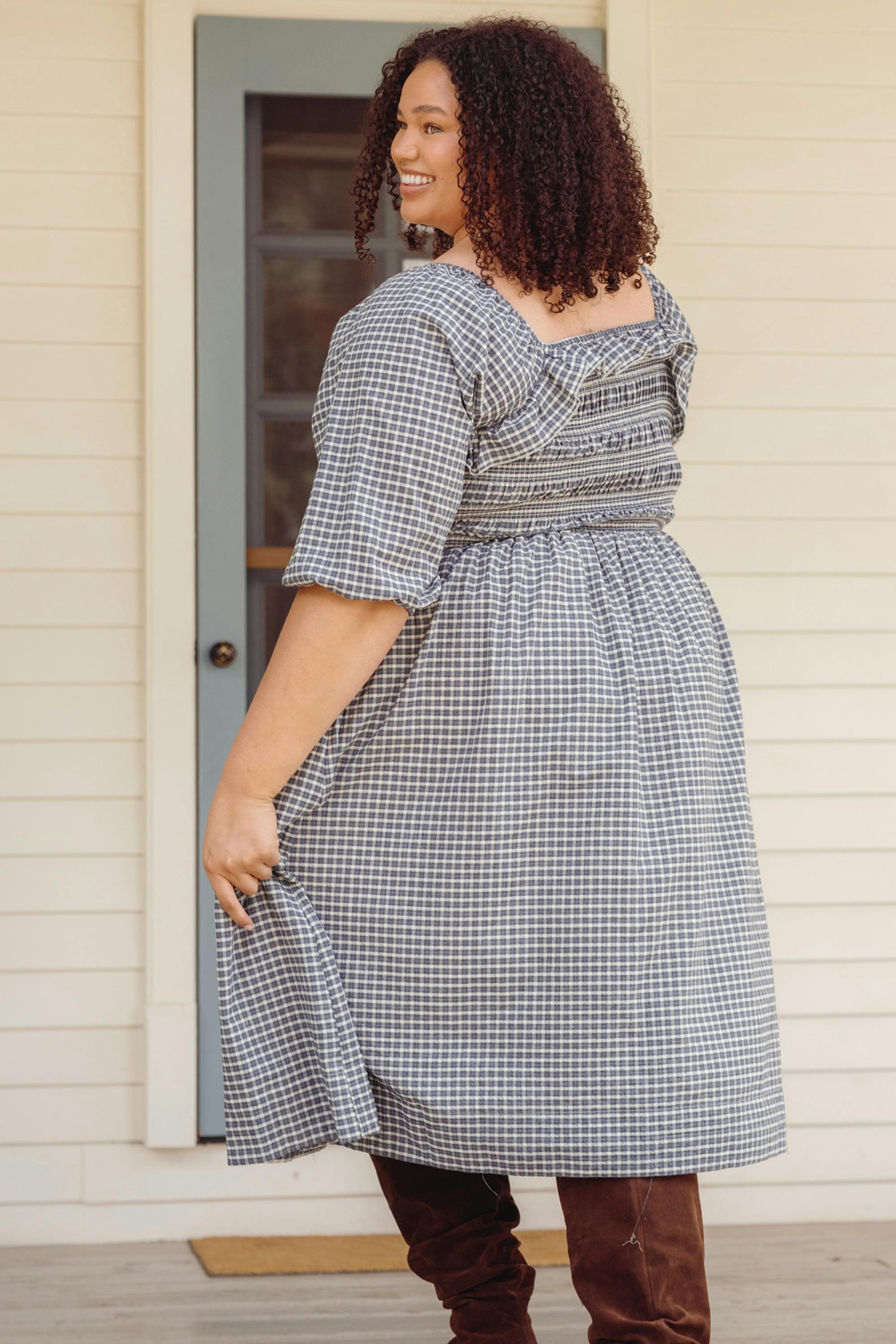 Mae 3/4 Sleeves Dress in Prussian Blue Plaid