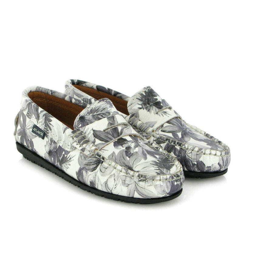 Penny 032 Walker Moccasins, Grey Flowers Printed Leather