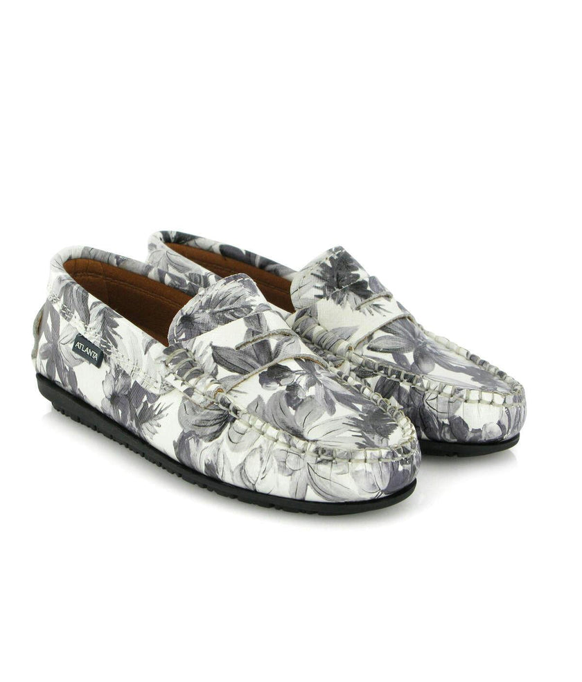 Penny 032 Walker Moccasins, Grey Flowers Printed Leather