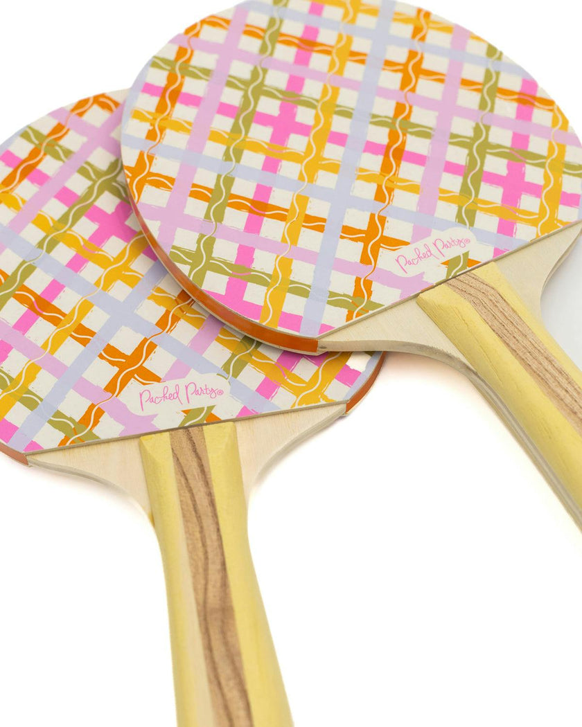 Packed Party Game Set Match Table Tennis Set - 2 Multicolor Plaid Wooden Paddles, 3 Balls, and Retractable Net for Any Table, 6-Piece Complete Set