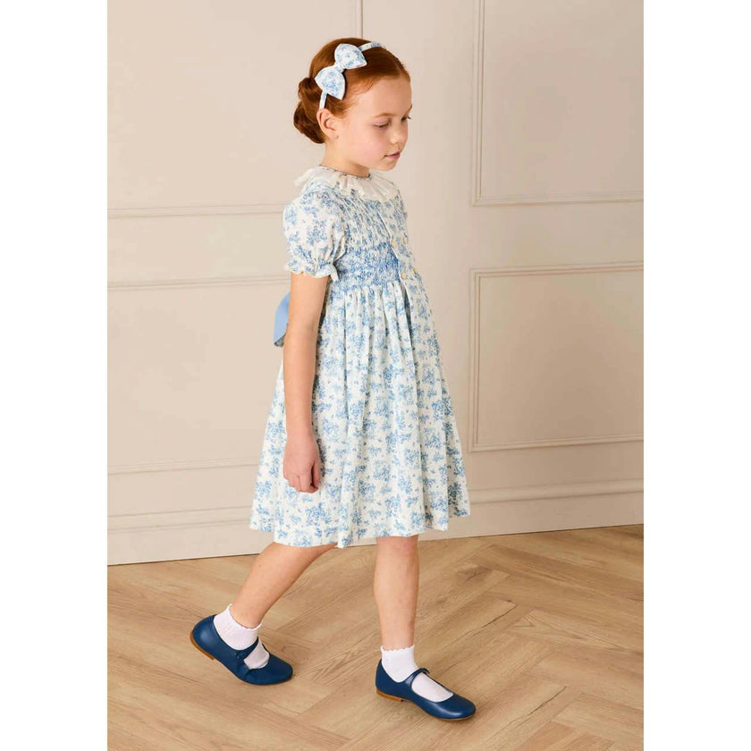 Audrey Toile Hand Smocked Ruffle Collar Short Sleeve Dress in Blue (12mths- 10yrs)