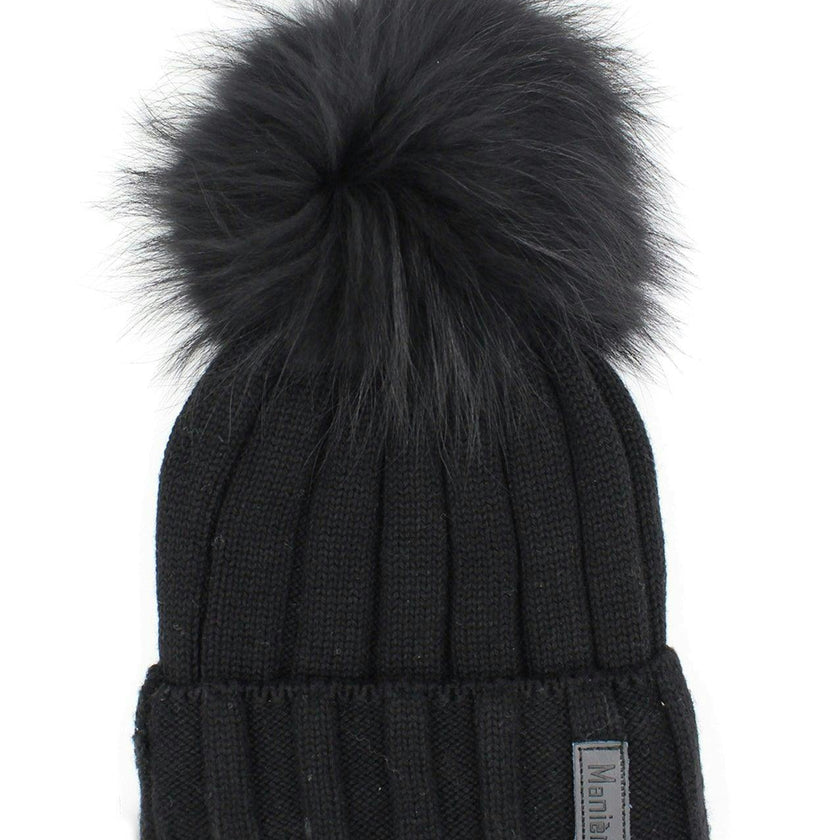 Ribbed Merino Wool Faux Fur Pom Pom Hat