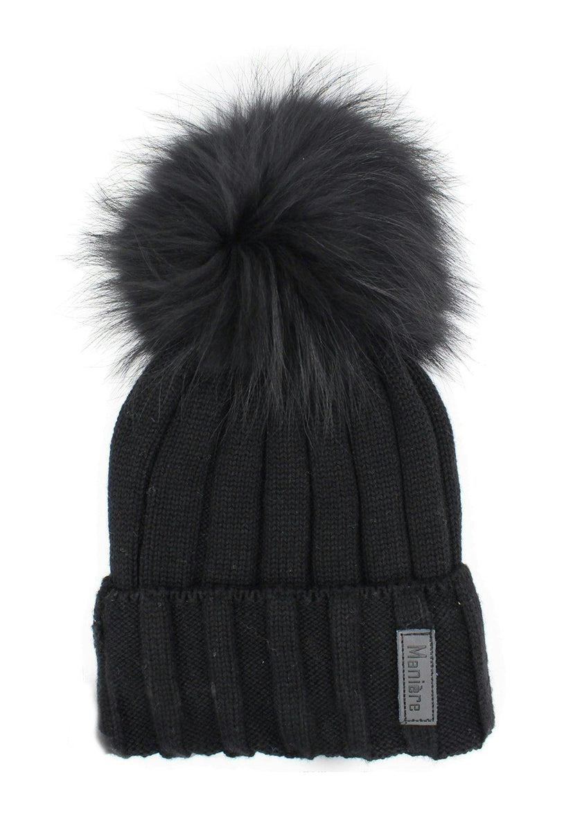 Ribbed Merino Wool Faux Fur Pom Pom Hat