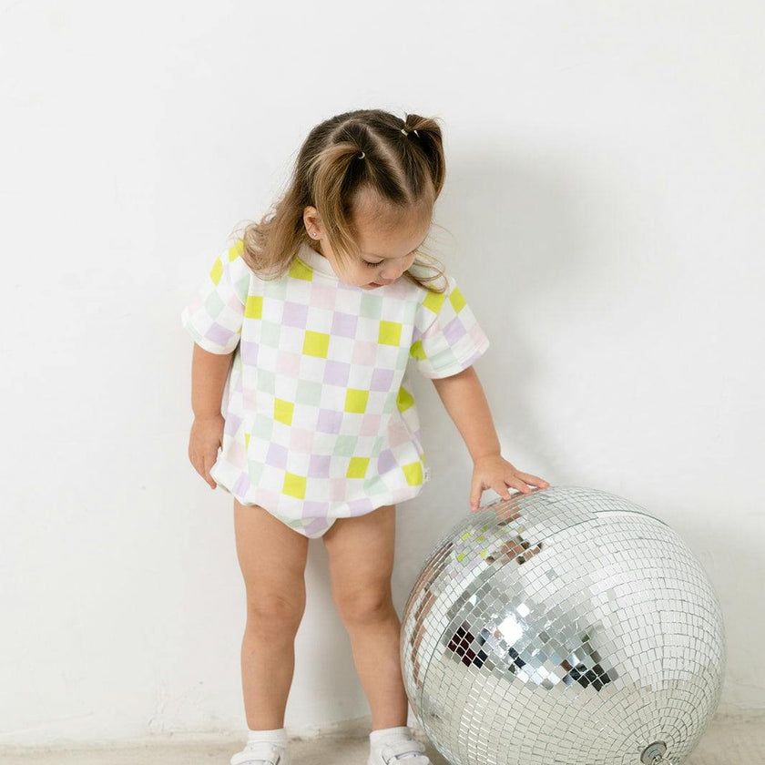 multi-checkered bubble romper