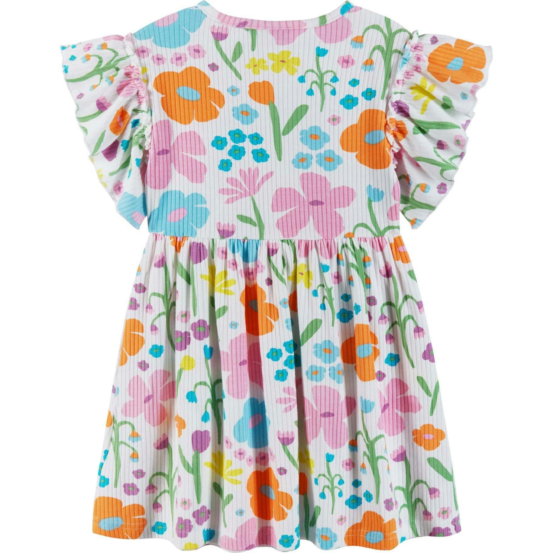 Kids White Rib Knit Dress w/ Ruffle Sleeves