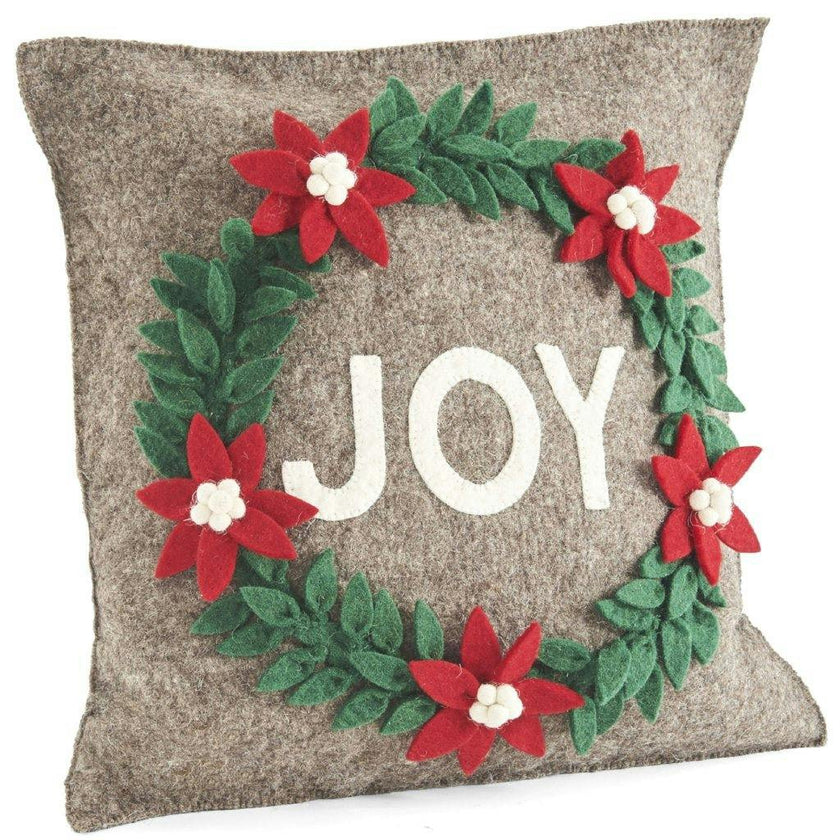 Hand Felted Wool Christmas Pillow - JOY Wreath Natural Gray - 20"