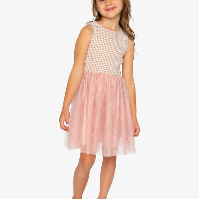 Bi-Material Sleeveless Dress Pink Houndstooth