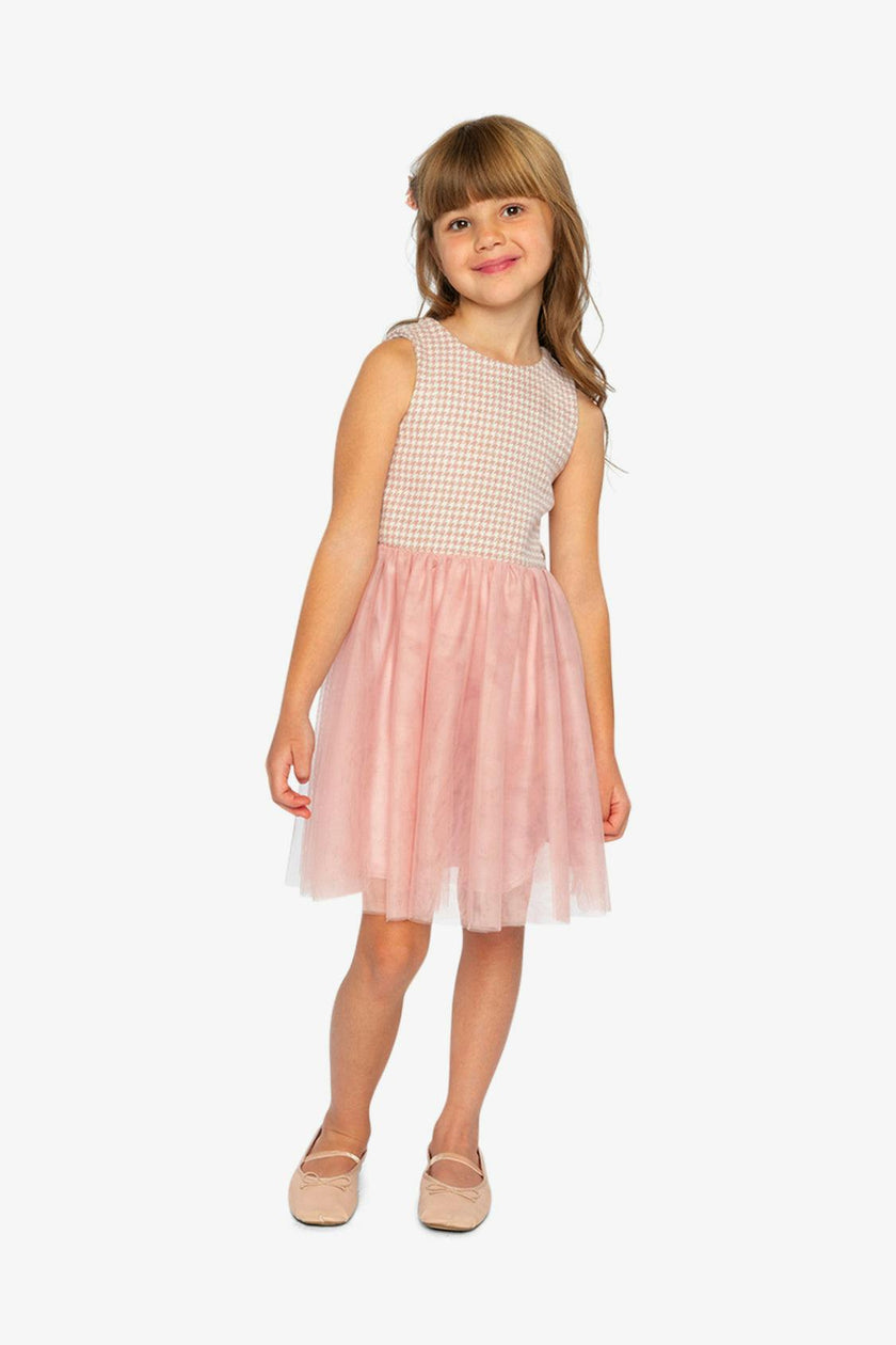 Bi-Material Sleeveless Dress Pink Houndstooth