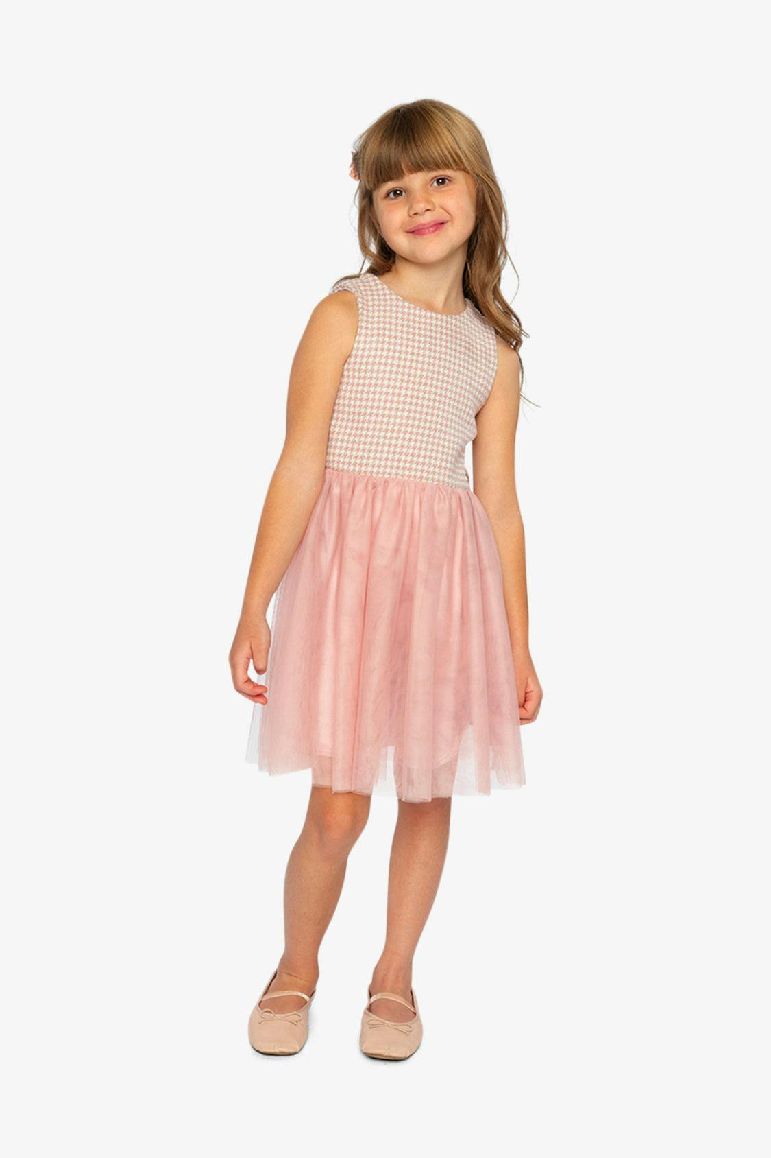 Bi-Material Sleeveless Dress Pink Houndstooth