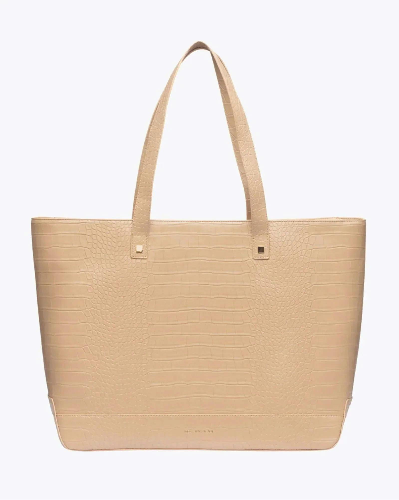 Vegan Leather Work Tote Bag with Removable Insulated Pouch, Cream Croc