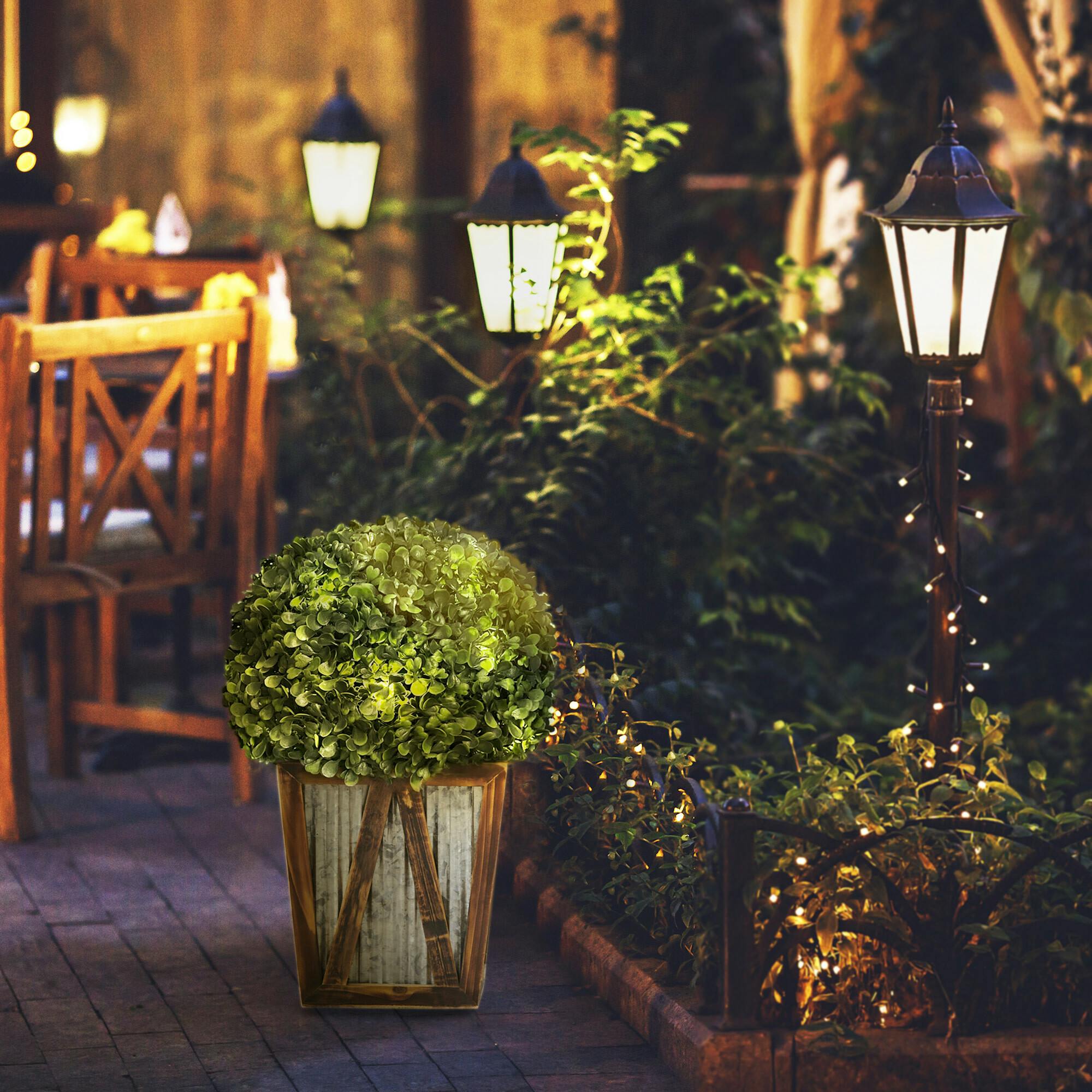 Rounded Artificial Topiary Shrub Pre-Lit With Solar Powered LED Lights In Farmhouse Style Garden Box Planter For Indoor Or Outdoor Use