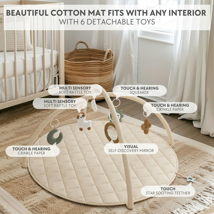 Beautiful Baby Play Gym - Soft Cotton Mat with 6 Cute Toys Creates The Perfect Activity Area for Your Girl/Boy - Stylish Infant Floor Playmat for Playroom