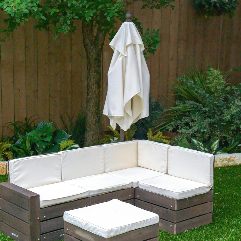Wooden Outdoor Sectional Ottoman & Umbrella Set with Cushions
