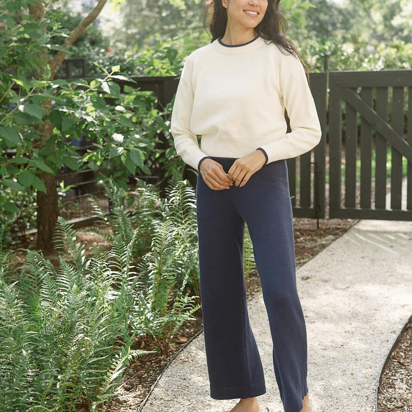 women's navy wide leg knit pant
