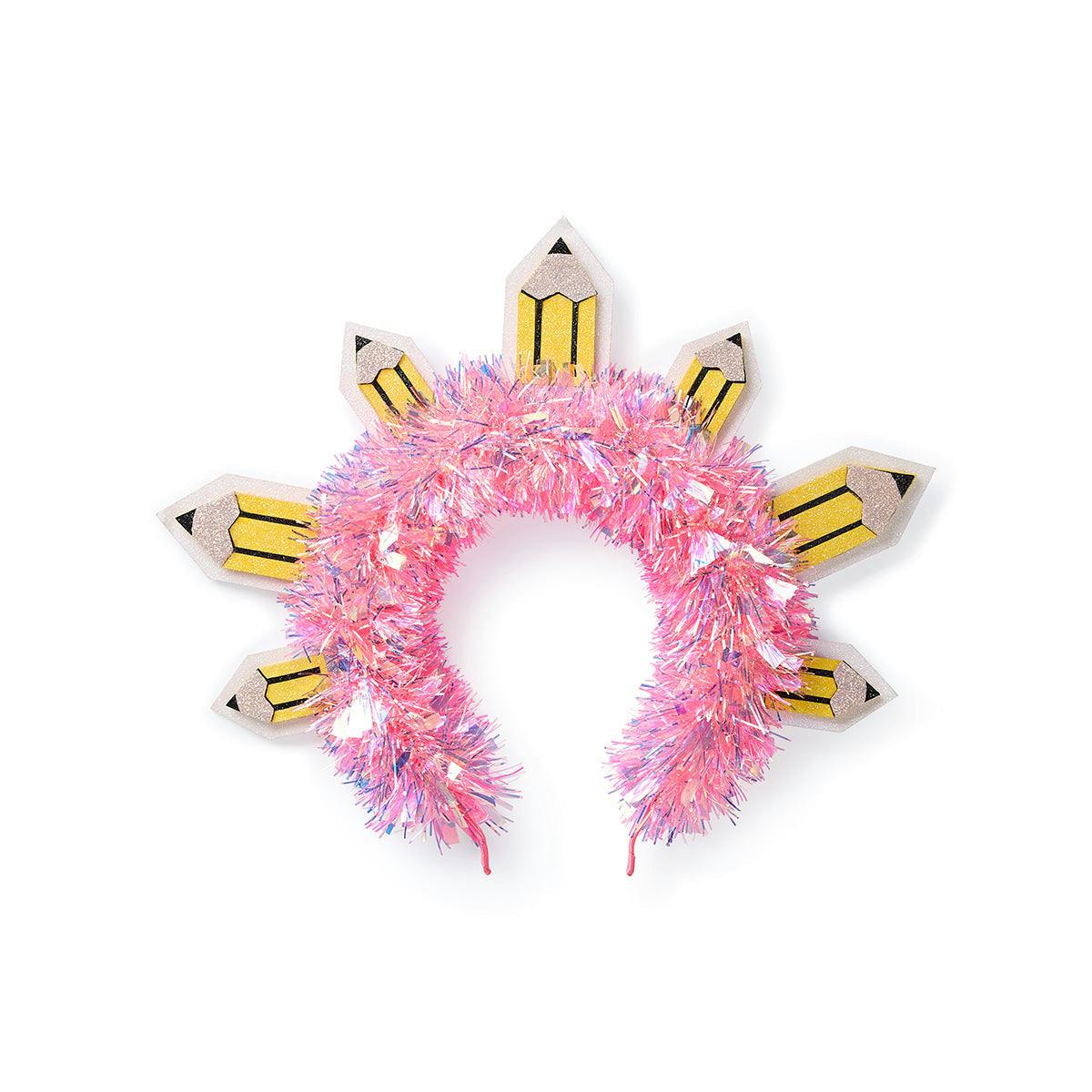 Packed Party Best in Class Pencil Novelty Headband - Multi-Sized Glitter Felt Pencils with Pink Tinsel Wrap for Back to School and Classroom Parties