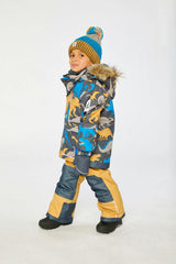 Two Piece Play Snowsuit Grey and Blue Dinosaur Print with Yellow Pants