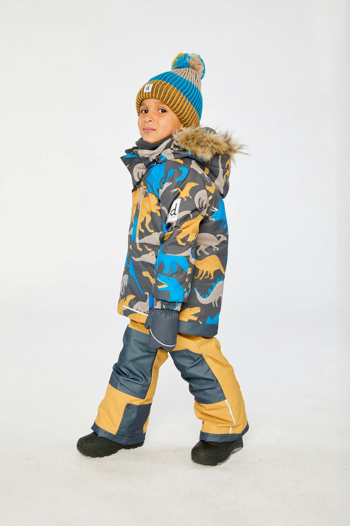 Two Piece Play Snowsuit Grey and Blue Dinosaur Print with Yellow Pants