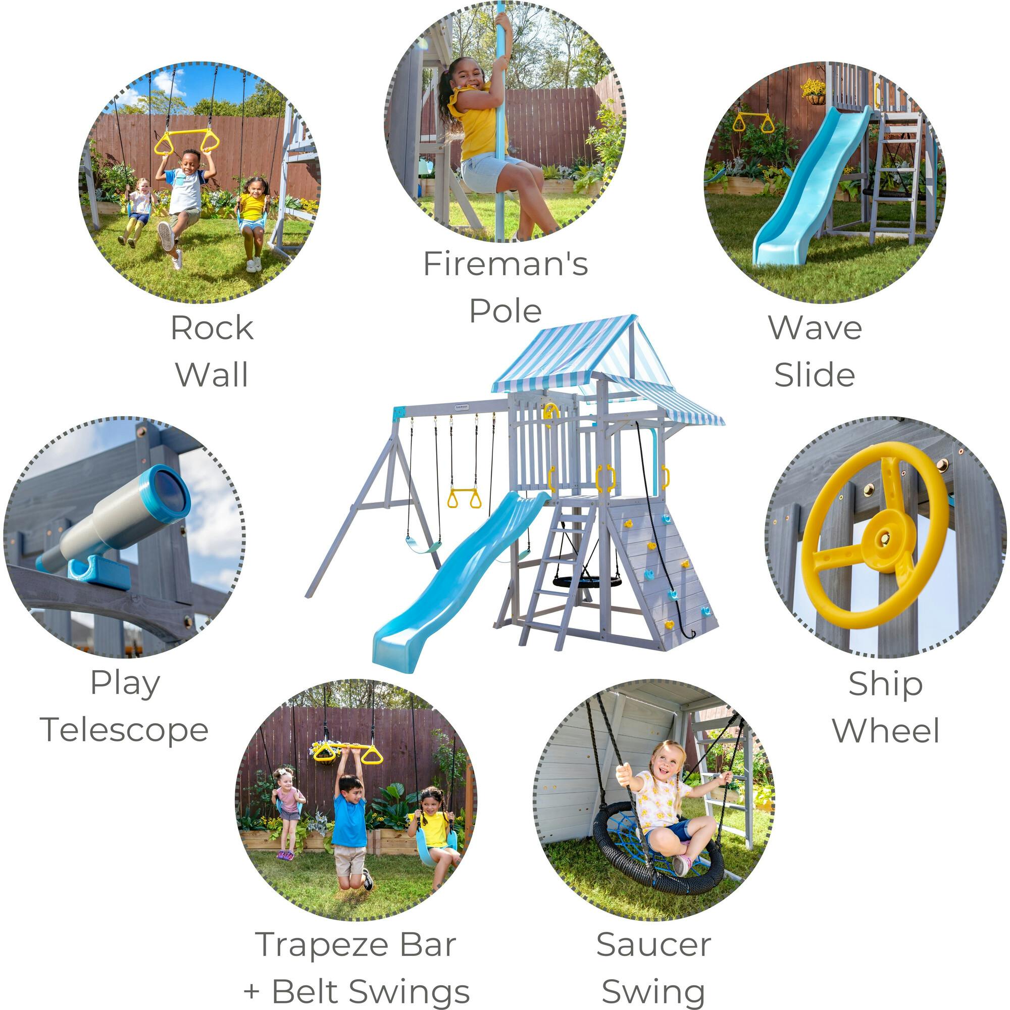 Teamson Kids Laguna Wooden Swing Set With Slide & Rock Wall