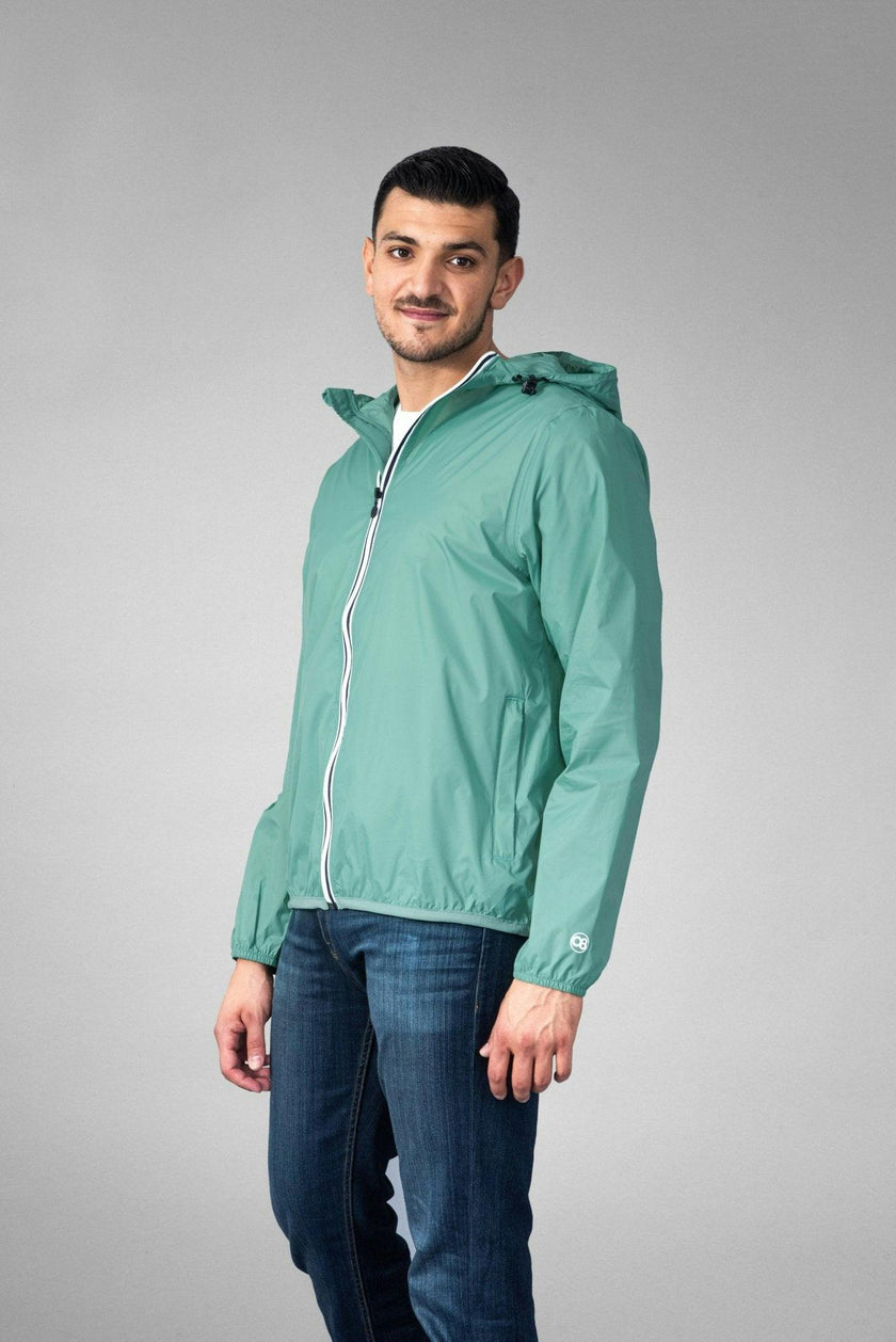 Moss green full zip packable Rain jacket and windbreaker