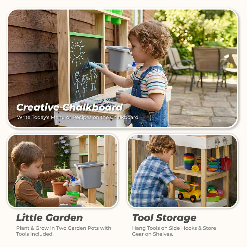 Clover Wooden Mud Kitchen with Water Station and Chalkboard