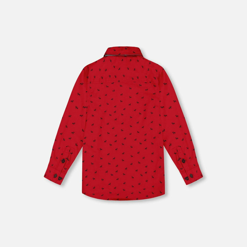 Printed Reindeer Poplin Shirt With Bow Tie Red