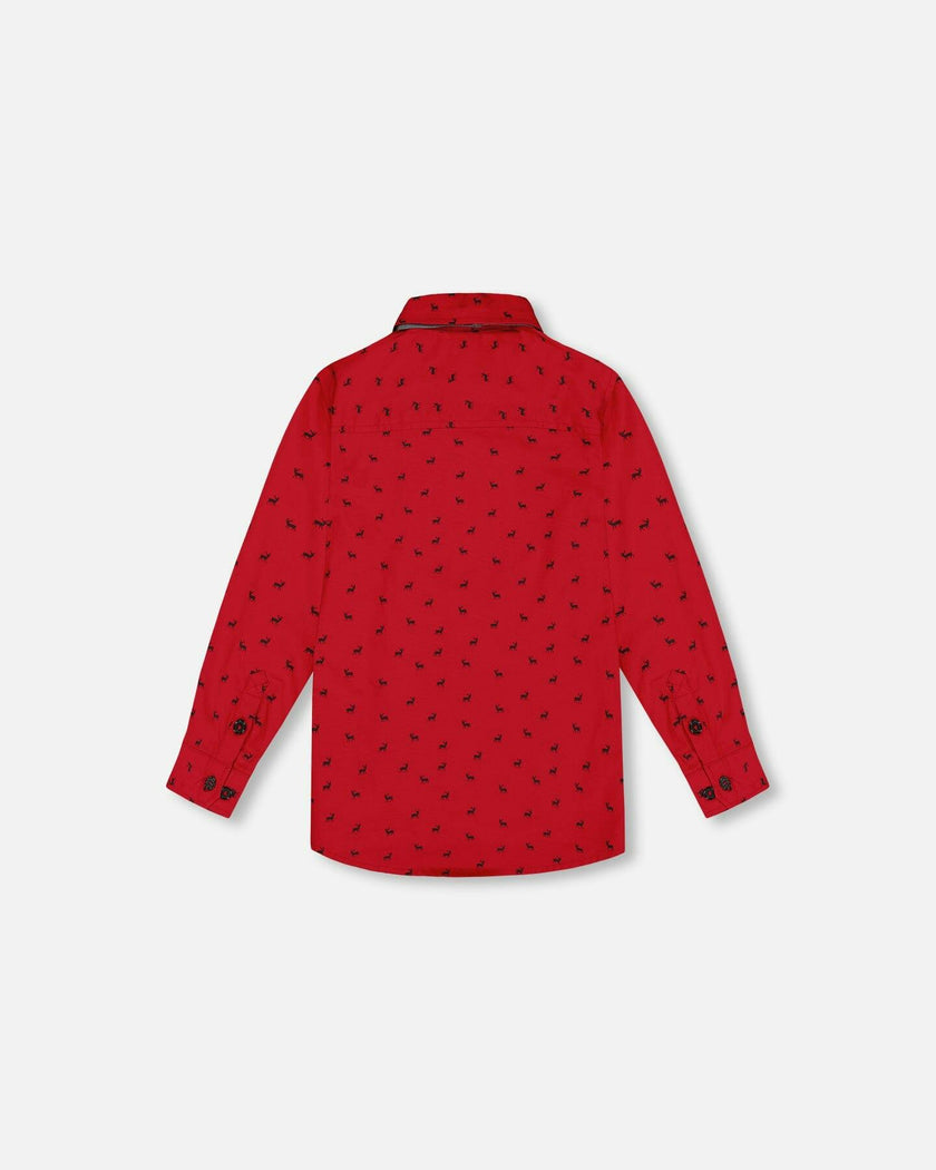 Printed Reindeer Poplin Shirt With Bow Tie Red