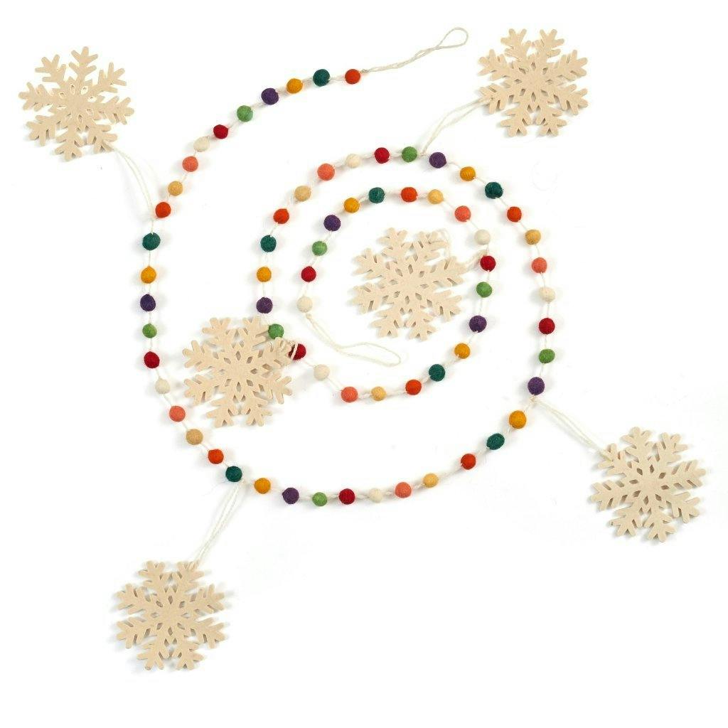 Hand Felted Wool Christmas Garland and Bunting - Multicolor Dots White Snowflakes - 6'