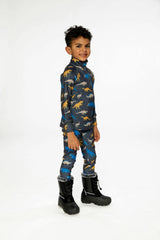Two Piece Thermal Underwear Grey and Blue Dinosaur Print