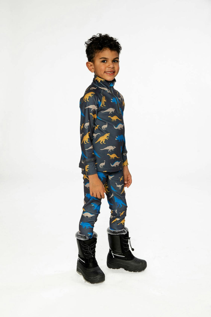 Two Piece Thermal Underwear Grey and Blue Dinosaur Print