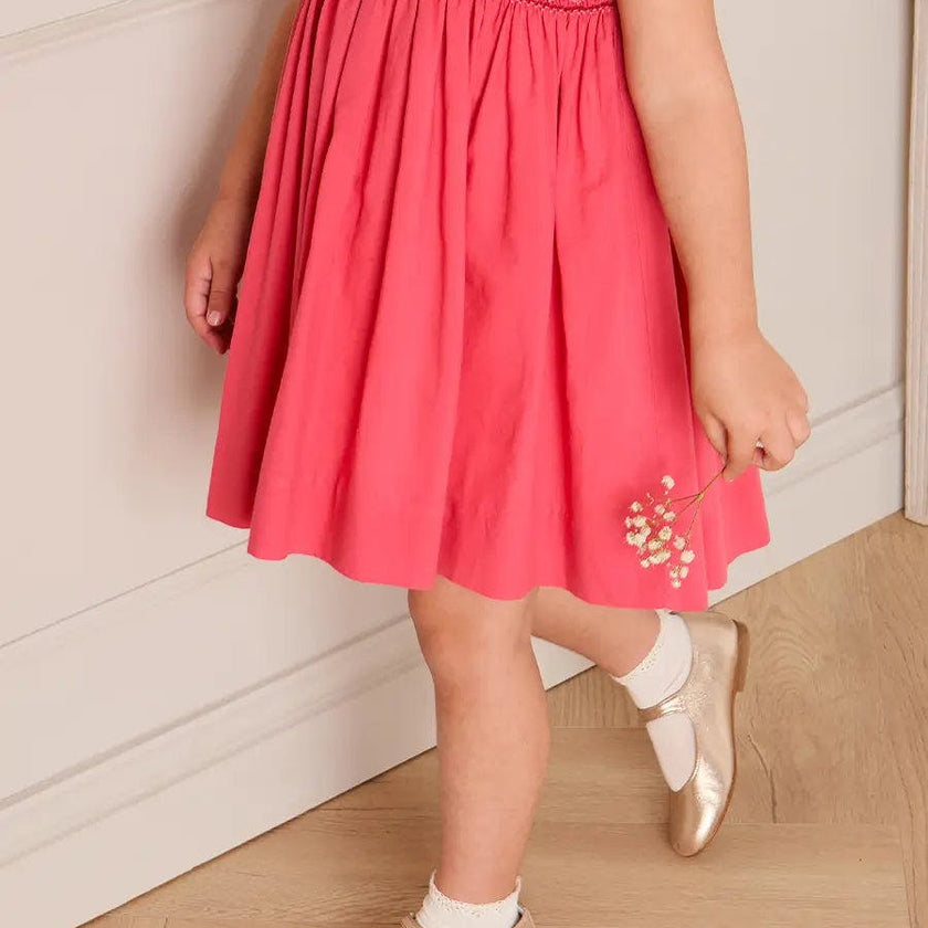 Hand Smocked Flower Embroidered Dress in Strawberry (12mths- 10yrs)