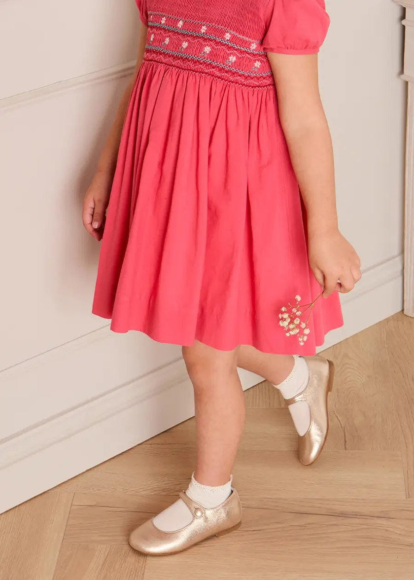 Hand Smocked Flower Embroidered Dress in Strawberry (12mths- 10yrs)
