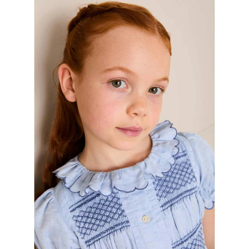 Smocked Peplum Scallop Collar Blouse in Blue (2-12yrs)