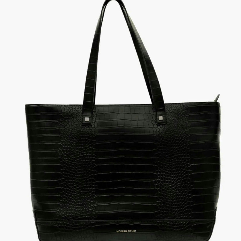 Vegan Leather Work Tote Bag with Removable Insulated Pouch, Black Croc