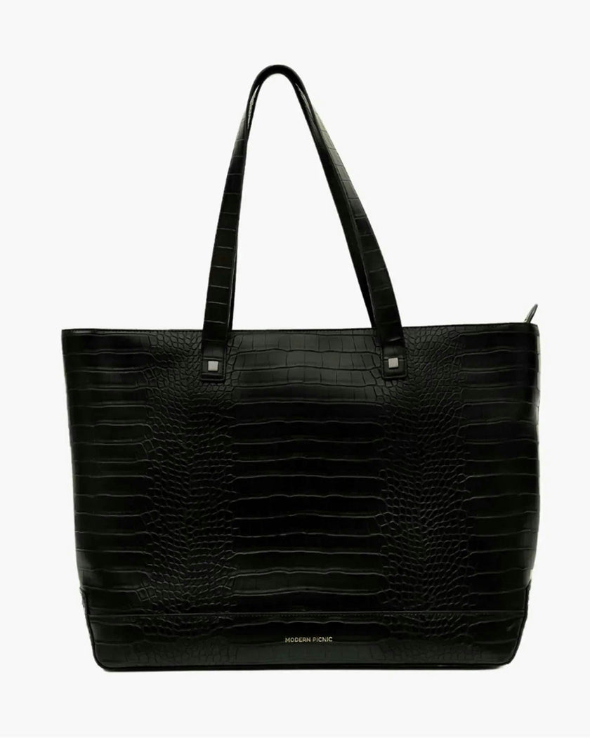 Vegan Leather Work Tote Bag with Removable Insulated Pouch, Black Croc
