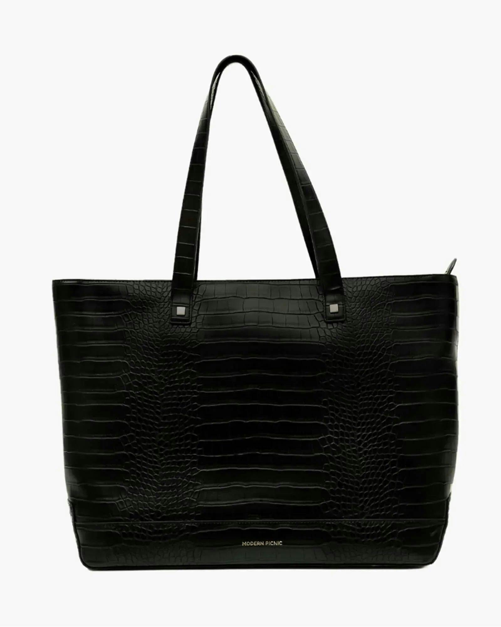 Vegan Leather Work Tote Bag with Removable Insulated Pouch, Black Croc