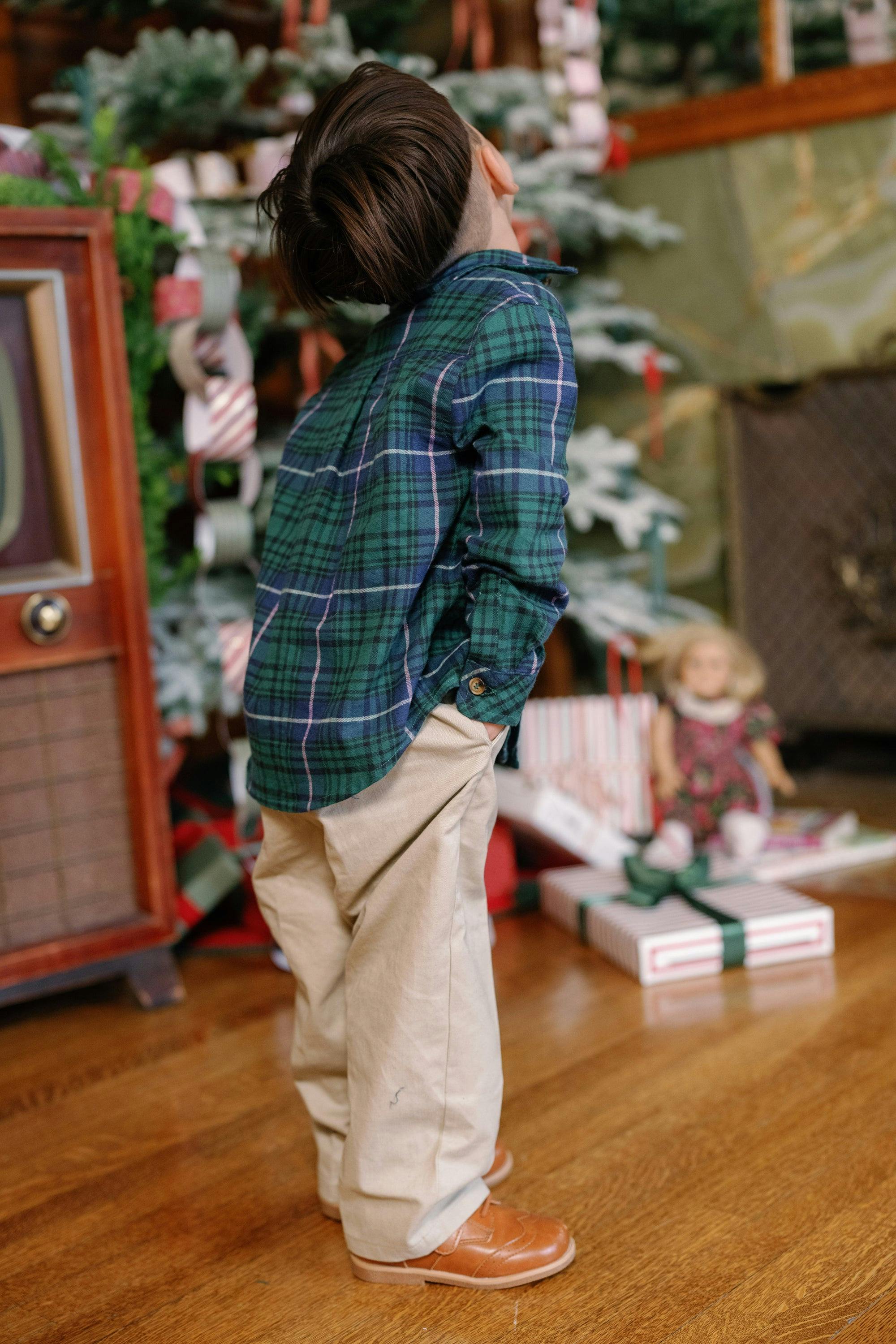 Boys John Shirt in Emerald Plaid
