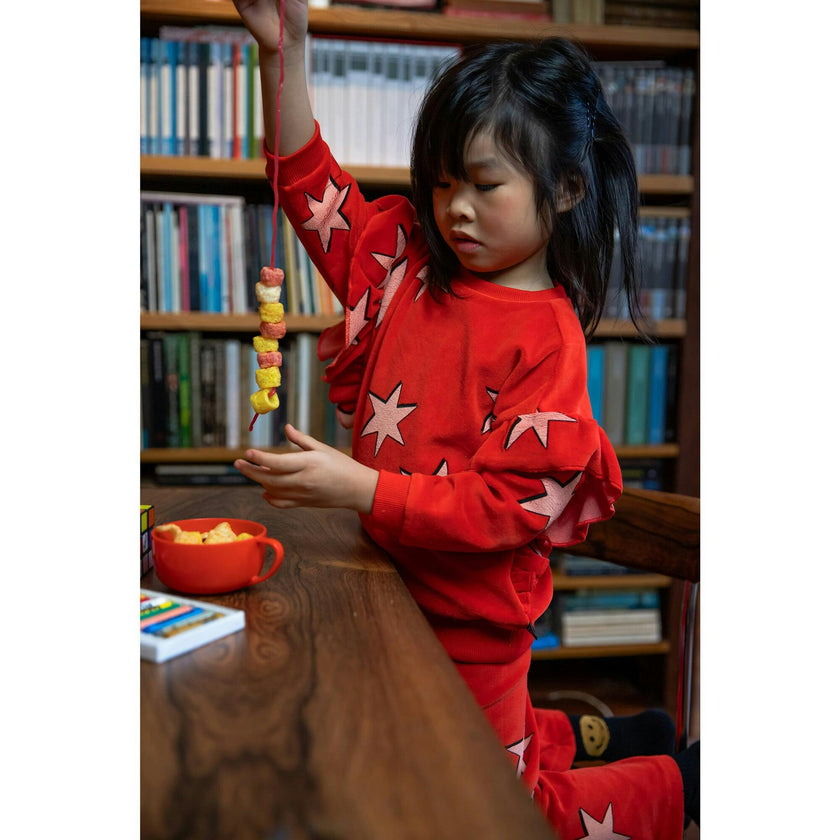 Star Graphic Print Velvet Crew Neck Ruffle Down Long Sleeve Sweatshirt